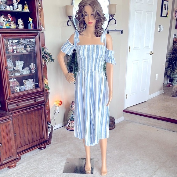 Ocean Drive Jumpsuit 100% Rayon Blue & White Striped Bow Ties Open Shoulder - Picture 2 of 15